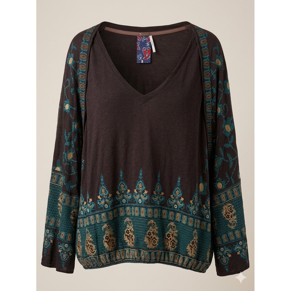 Free People Top XS Black Blue Paisley Dolman Sleeve Boho Festival Gypsy Indie